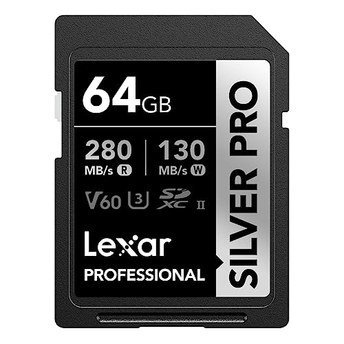 Lexar Silver Pro SD Karte 64GB, SD Speicherkarte UHS-II, V60, U3, C10, SDXC Karte, Bis zu 280 MB/s Lesen, für professionelle Fotografen, Videofilmer, Enthusiasten (LSDSIPR064G-BNNAA)