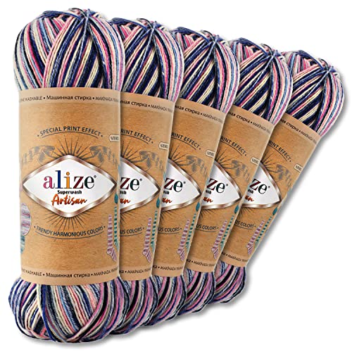 Wohnkult Alize 5 x 100 g Superwash Artisan Sockenwolle Premium 16 Auswahl Kontrast Häkeln Stricken (9004)