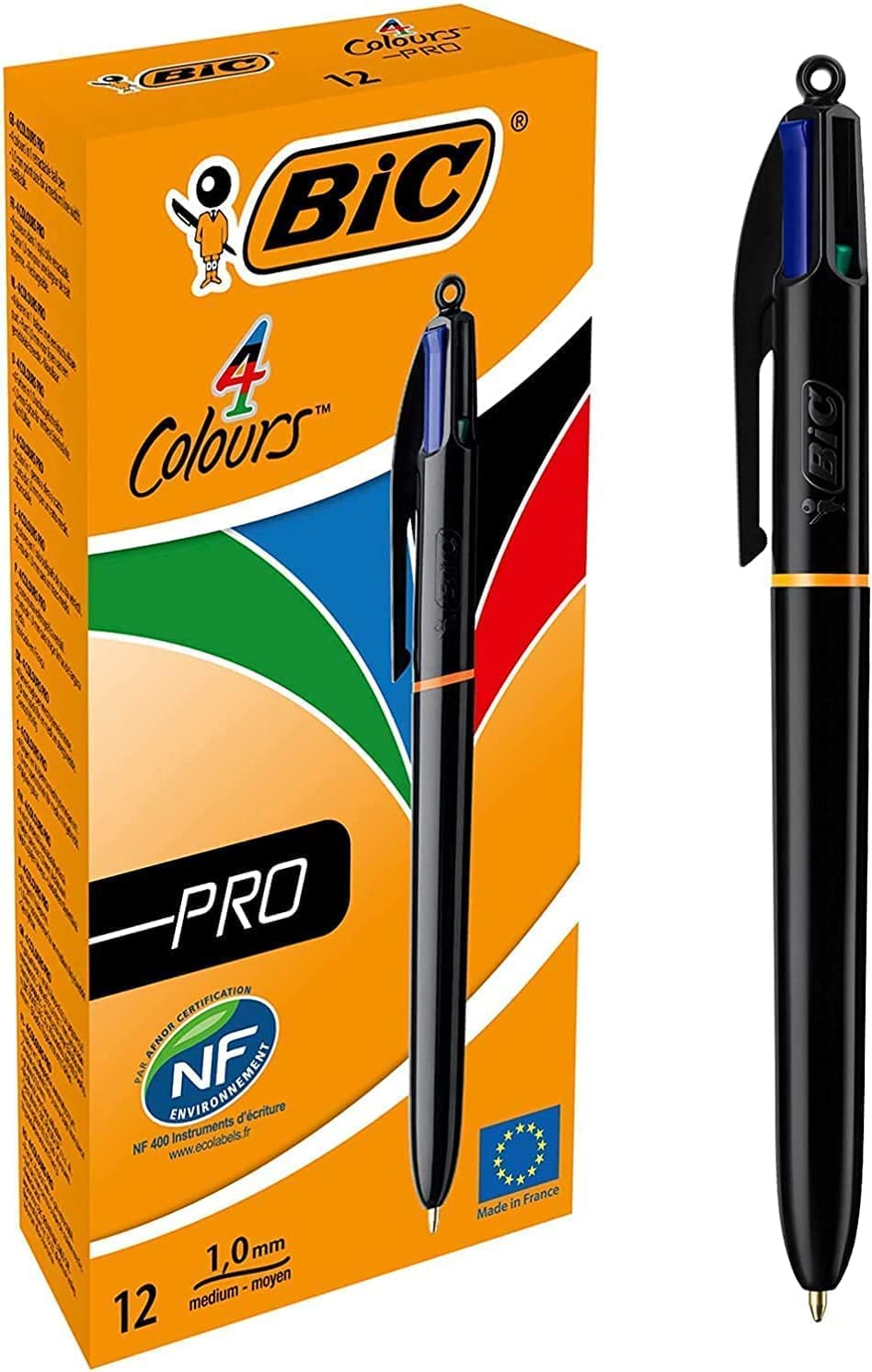 BIC 4 Farben Kugelschreiber Set 4 Colours Pro, mit schwarzem Schaft, 12er Pack, nachfüllbar, Ideal für das Büro, das Home Office oder die Schule