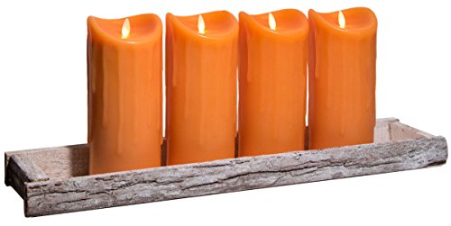 Dekoschale Holz Tablett 59x14cm inkl. 4 LED Kerzen 23cm Orange bewegte Flamme Timer Kerzentablett Shabby Chic Landhaus