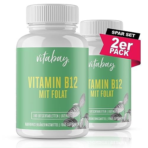 Vitabay Vitamin B12 500 µg Lutschtabletten hochdosiert mit Folat - 360 vegane Tabletten (2er Set) - Vitamin B12 Folsäure Vitamin Methylcobalamin Vitamin B12 hochdosiert Tabletten Vitamin B 12 Vitamin