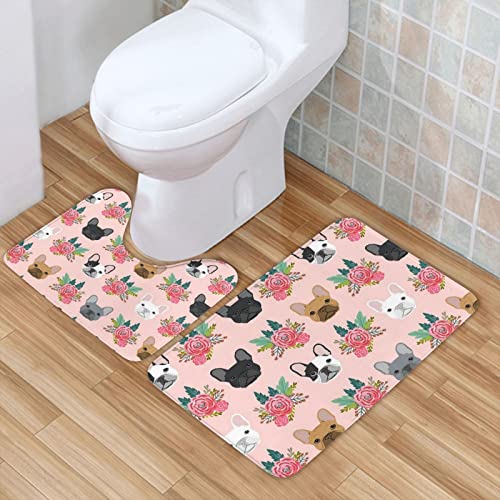 Badezimmerteppich-Set mit 2 Stück, Motiv: Blume und Hund, Flanell, rutschfest, saugfähig, Badezimmerteppich, WC, U-förmiger Konturteppich