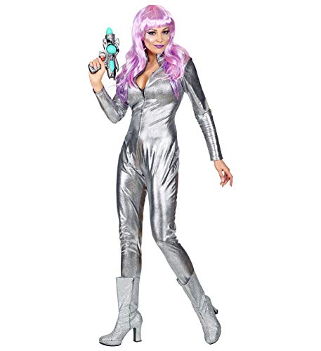 shoperama Silber Metallic Damen Catsuit Schuppenmuster Space Girl Disco Astronautin Festival Bodysuit Overall, Größe:L/XL