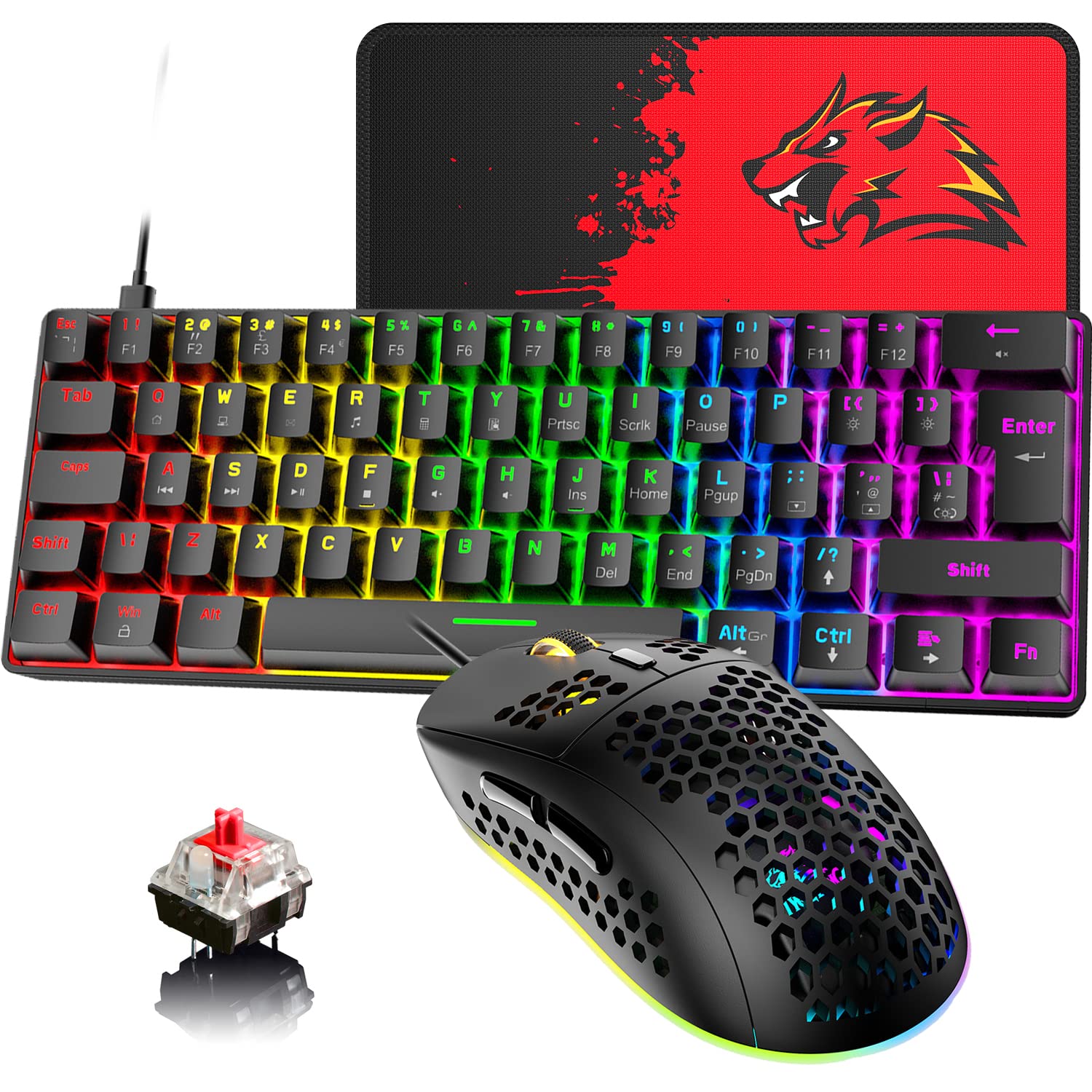 60% UK-Layout Kabelgebundene Gaming-Tastatur und -Maus 62Keys kompakte mechanische Tastatur, 19 Regenbogen-Lichteffekte +6 RGB-Lichteffekte Leichte Maus mit 6400 DPI (schwarz/roter Schalter)