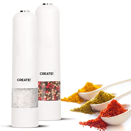 Kalorik elektrisches Gewürzmühlen-Set für Salz & Pfeffer, hochwertiges Keramikmahlwerk, Licht-Spot, einstellbare Mahlstärke, Weiß