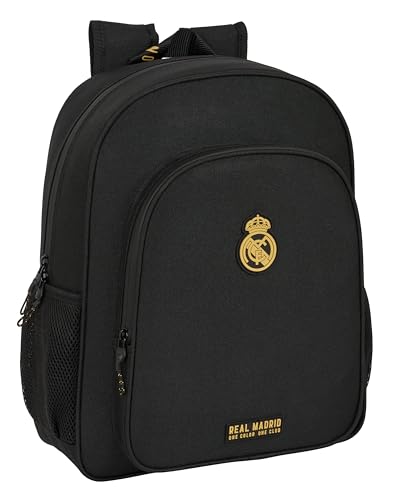 Safta Real Madrid 3. Team-Schulrucksack, Kinderrucksack, anpassbar an den Kinderwagen, ideal für Schulkinder, bequem und vielseitig, Qualität und Widerstandsfähigkeit, 32 x 12 x 38 cm, Schwarz,