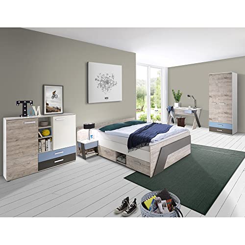 Jugendzimmer Komplett-Set mit Bett 140x200 cm mit Kleiderschrank LEEDS-10 in Sandeiche Nb. mit weiß, Lava und Denim Blau grau