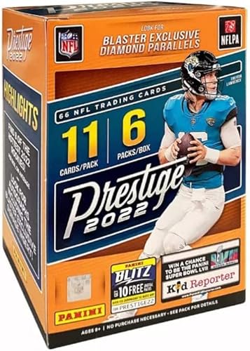 2022 Panini Prestige Football NFL Factory Sealed Blaster Box - 66 Sammelkarten insgesamt - 6 Packungen mit 11 Karten pro Packung