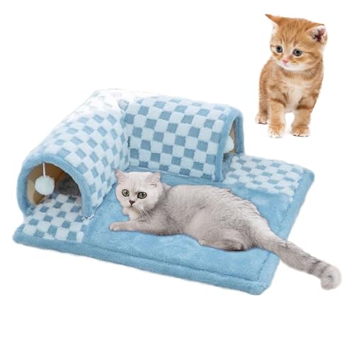Cat Tunnel Bed, Katzentunnel mit Bett, Lustiges 2-in-1 Katzentunnelbett aus Plüsch mit Karomuster, Vielseitiges Flauschiges Katzenbett Zum Spielen und Schlafen