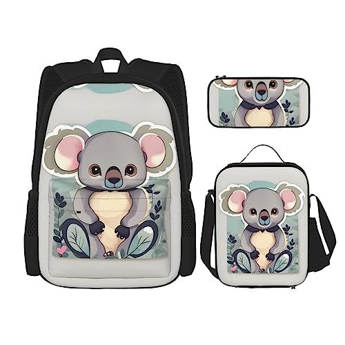 MDATT Schöner Koala-Rucksack mit Lunchbox und Federmäppchen, 7,6 cm, Kawaii-Rucksäcke mit Lunchtasche, passende Kombination