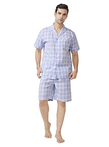 DAVID ARCHY Herren 100% Baumwolle Schlafanzug Zweiteiliger Nachtwäsche Kurzarm Shirt und Hose mit Knopfleiste Penis Loch Taschen und Band Streifen Kariert