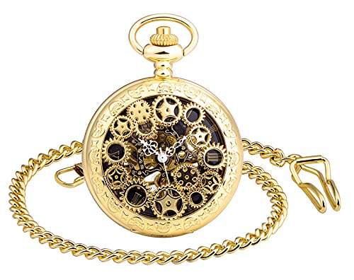 SUPBRO Damen Herren Taschenuhr Retro Zahnrad Analog Mechanische Kettenuhr Uhr mit Halskette Pullover Kette Gold