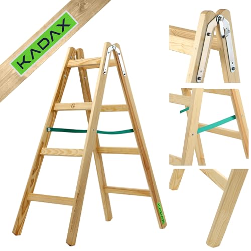 KADAX Holzleiter, Bockleiter bis 150 kg, klappbare Malerleiter, Doppelstufenleiter mit Stahlhaken, Elektrikerleiter, Stehleiter, Haushaltsleiter (4 Stufen)