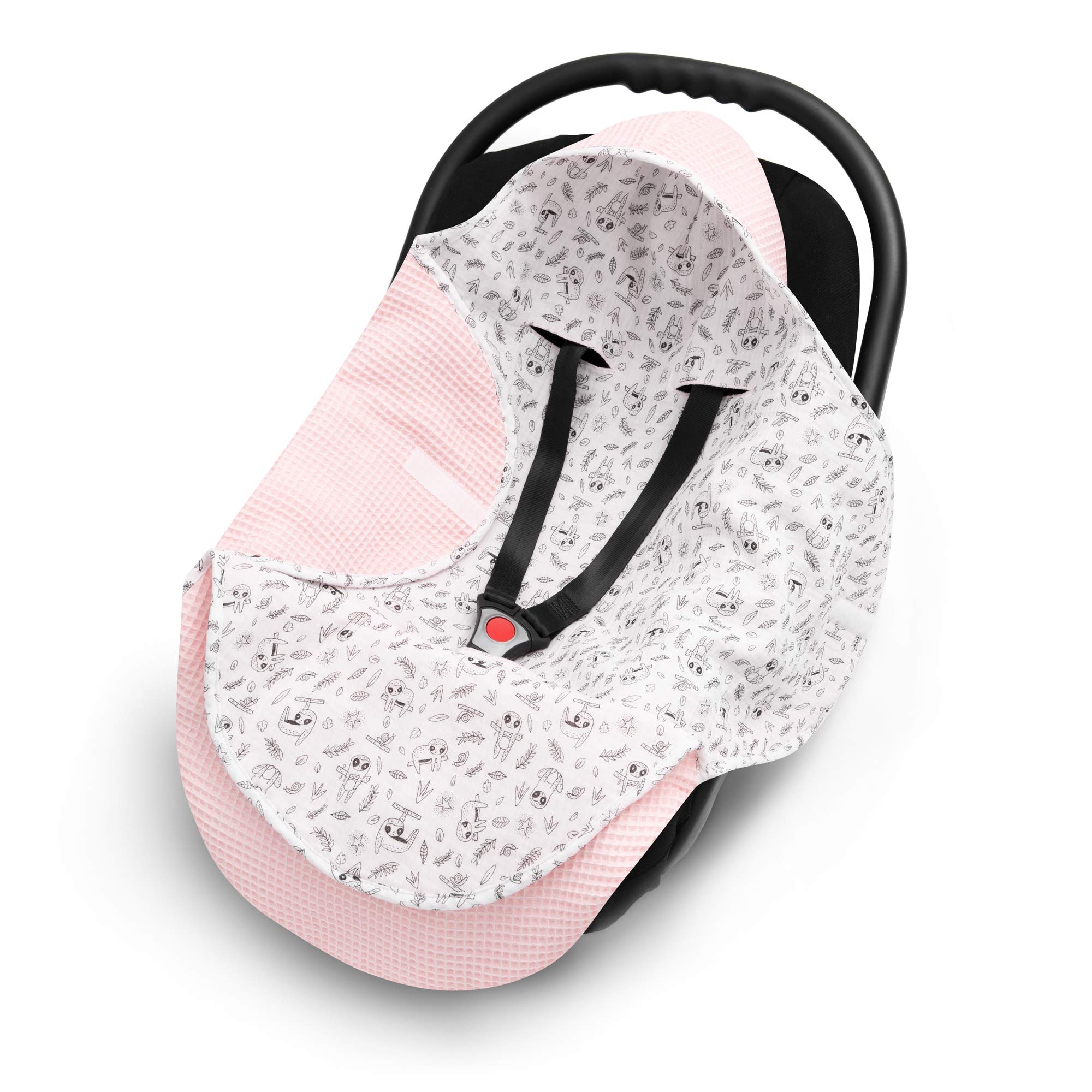 EliMeli Einschlagdecke für Babyschale 100% Baumwolle - Leichte Baby Decke für Autositz aus Waffelstoff und Musselin für den Sommer und Frühling, universal z.B. Maxi Cosi (Rosa - Faultier)