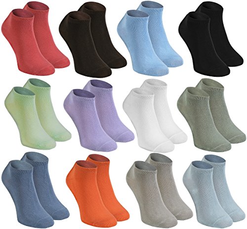 Rainbow Socks - Damen Herren Bunte Sneaker Bambus Socken - 12 Paar - Schwarz Weiß Braun Grau Blau Grün Rosa Violett Gelb Dunkelblau Orange Rot Beige Khaki - Größen 42-43