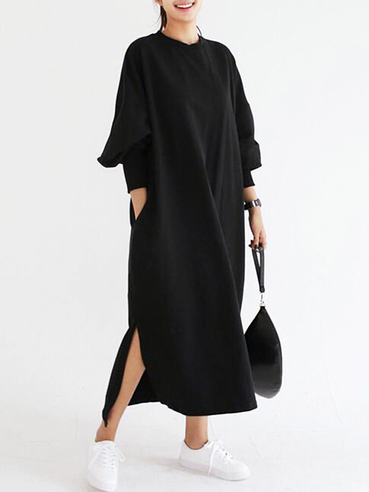 Casual Damen Gestreiftes schwarzes langes Sweatshirt mit Rundhalsausschnitt und Fledermausärmeln Kleid