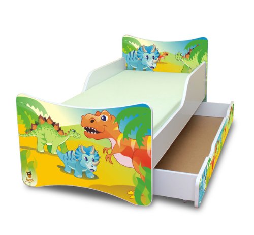 Best For Kids Kinderbett mit Schaummatratze mit TÜV Zertifiziert 80x160 - Dinosaurier MIT SCHUBLADE