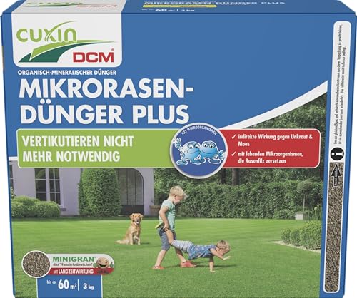 CUXIN DCM Mikrorasen-Dünger Plus - Langzeit Rasendünger - MINIGRAN® TECHNOLOGY - Kein Vertikutieren nötig - organisch-mineralischer NPK-Dünger- 3 KG für 60qm