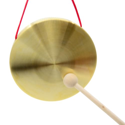 Runde Gong Instrument (10/15/18/22/30 cm), chinesisches traditionelles Percussion Instrument Brass Gong mit Holzhammer und rot geflochtenes Band für Hochzeitseröffnu gold-18cm