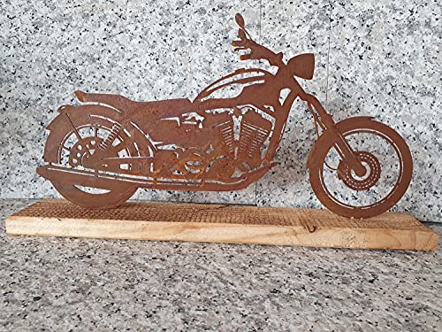BADEKO Motorrad auf Holzfuß 22x40 cm Holz Edelrost Biker Harley Chopper Rost Metallmotorrad