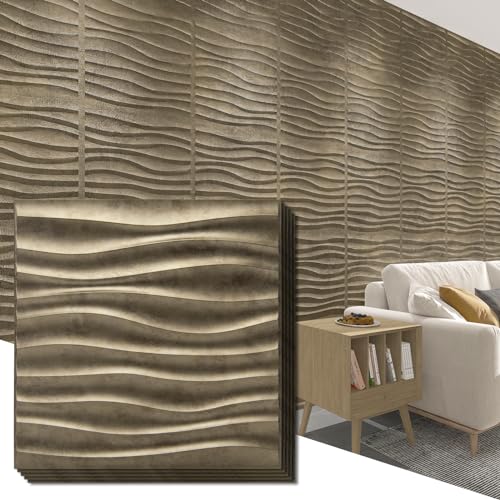 Art3d PVC-Wellenpaneele für Innenwanddekoration, antikes Gold, strukturierte 3D-Wandfliesen, 50 x 50 cm, 12 Stück