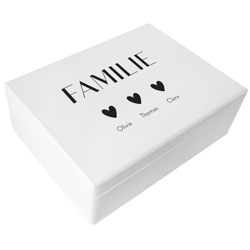 Creative Deco Familie Holzkiste Weiß Personalisiert mit Vornamen | 40 x 30 x 14 cm | Erinnerungsbox Aufbewahrungsbox für Familienfotos | Herz Individuelles Geschenk Geschenkbox Holzbox mit Deckel