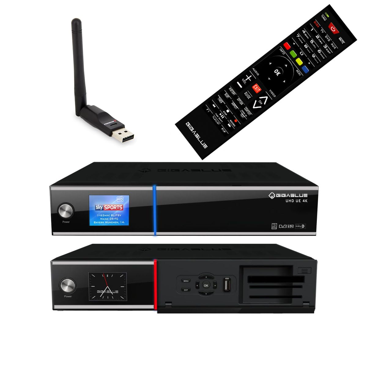 GigaBlue UHD UE 4K SAT TV Linux Receiver 2X DVB-S2 FBC Twin Tuner 4X Pip CI SmartCard PVR Streaming + PremiumX Wi-Fi Stick