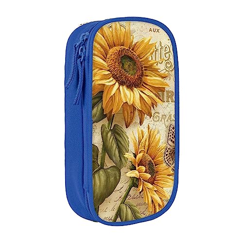Retro Sonnenblume Federmäppchen, mittlere Größe, Stiftehalter, Tasche mit Doppelreißverschlüssen für die Arbeit, niedlich, blau, Einheitsgröße, Koffer