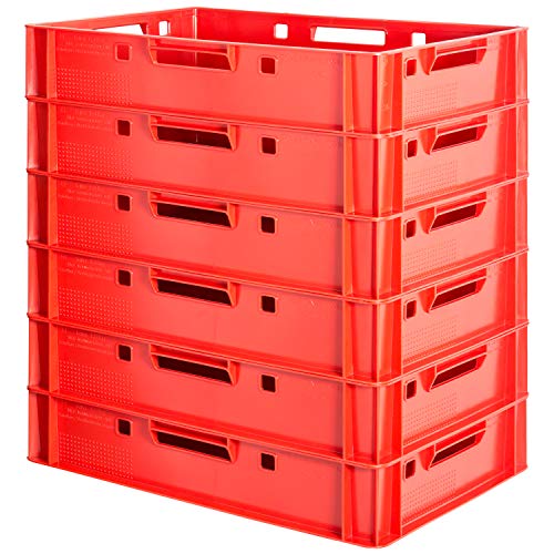 Kingpower 6 Stück E1 Fleischkisten Rot Kisten Eurobox Lebensmittelecht Metzgerkiste Box Aufbewahrungsbox Kunststoff Wanne Plastik Stapelbar Lagerkisten 60 x 40