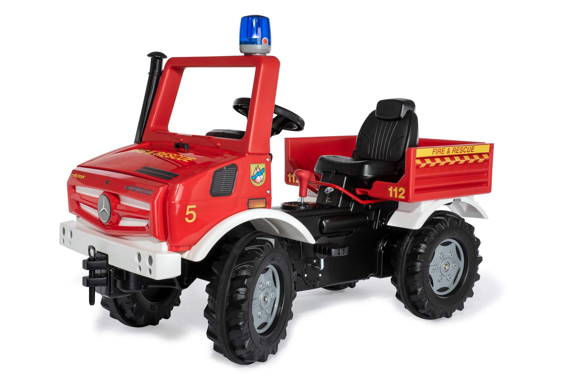 Rolly Toys Unimog Feuerwehr Tretauto (ab 3 Jahren, Feuerwehrauto zum selber fahren mit Flüsterlaufreifen, Schaltung, Handbremse, Tretfahrzeug für Kinder, Feuerwehr Unimog) 038220