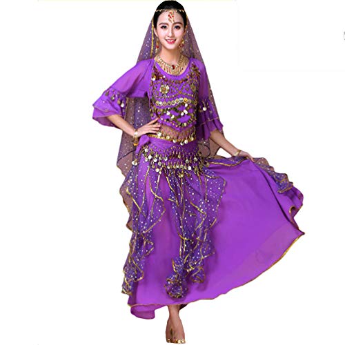 LaoZan Halloween Münze Tanzkostüm-Set Maxirock Damen Indische Bauchtanz Trainingskleidung (Violett(8Pcs))