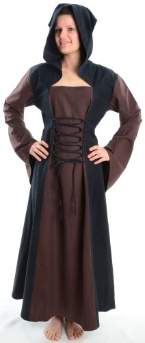 HEMAD Damen Mittelalter Kleid zum Schnüren mit Gugel braun-schwarz M