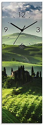 Artland Wanduhr ohne Tickgeräusche Glasuhr mit Motiv Design Quarz lautlos Größe: 20x60 cm Sonnenaufgang über Einer Olivenfarm S7NL Grün