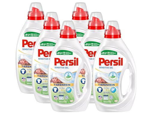 Persil Sensitive Gel (6 x 20 Waschladungen), Flüssigwaschmittel für Allergiker & Babys, mit beruhigender Aloe vera für sensible Haut, effektiv von 20 °C bis 95 °C