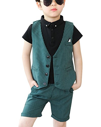 Jungen Festliches Anzug-Set Dreiteilig Kinder Anzug Weste + Shorts + T-Shirt Grün /110