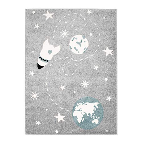 MyShop24h Kinderteppich Teppich Kinderzimmerteppich Spielteppich Sternen-Teppich Flachflor Weltall Erde Mond Rakete Sterne Grau, Größe in cm:120 x 160 cm
