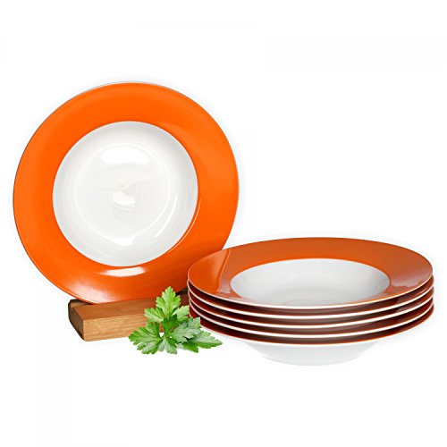 Van Well 6er Set Suppenteller Serie Vario Porzellan - Farbe wählbar, Farbe:orange