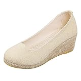 Ballerina Schuhe Damen Schuhe mit Slope-Absatz für Damen sind vielseitige, modische, atmungsaktive, lässige Stoffschuhe mit flachem Schnitt für Damen mit hohen Absätzen Flache Schuhe (Beige, 37)