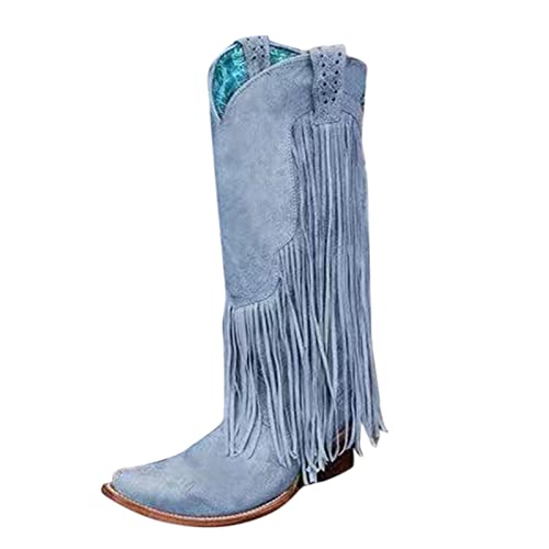 Yowablo Damen Stiefel Mode Wohnungen Quaste Spitze Zehe Schuhe mit niedrigen Absätzen Western Knight Stiefel (39 EU,Blau)