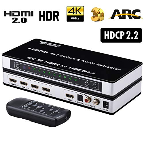 Tendak HDMI 2.0 Switch 4 Port HDMI Umschalter 4K HDMI Verteiler HDMI Schalter 4 auf 1 mit Optisch und L/R Audio Extractor mit Fernbedienung Unterstützt UHD 4K@60Hz HDCP 2.2 ARC 3D