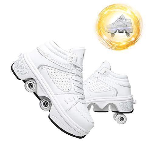 Schuhe Mit Rollen Skateboardschuhe,Inline-Skate,2-in-1-Mehrzweckschuhe,Verstellbare Quad-Rollschuh-Stiefel-Männliche Und Weibliche,White-EUR36