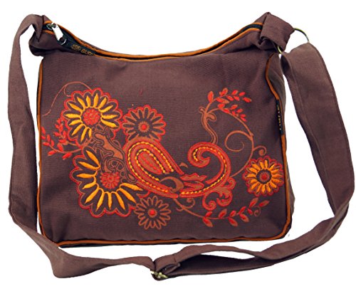 Guru-Shop Schultertasche, Hippie Tasche, Goa Tasche - Cappuccino/orange, Herren/Damen, Braun, Baumwolle, Size:One Size, 23x28x10 cm, Alternative Umhängetasche, Handtasche aus Stoff