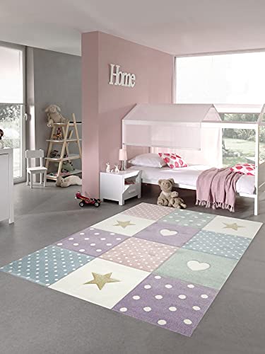 Kinderzimmer Teppich Spiel & Baby Teppich Herz Stern Punkte Design Creme Rosa Blau Größe 160x230 cm