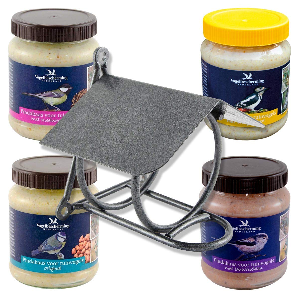 CJ Wildlife Erdnussbutter für Gartenvögel - Set (4 x 330g) + Erdnussbutter-Glashalter aus Metalldraht