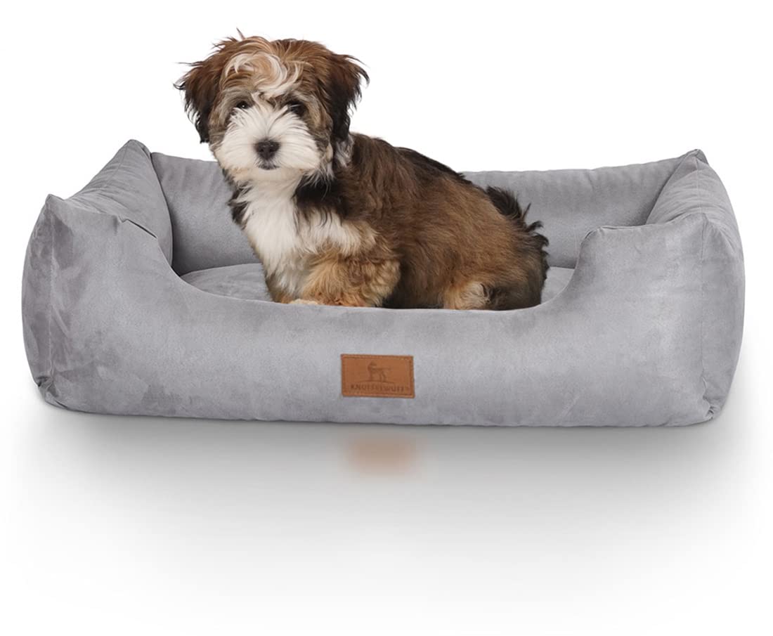 Knuffelwuff Hundebett Dreamline aus Velours M-L 85 x 63cm Grau - abnehmbarer Bezug - leicht zu reinigen - für große, mittelgroße und kleine Hunde