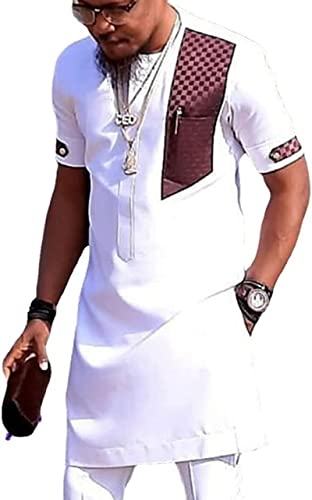 ZUKETANG Afrikanische Kleidung für Männer, lässig, 2-teiliges Set, Traditioneller afrikanischer Dashiki-Modeanzug-White||3XL