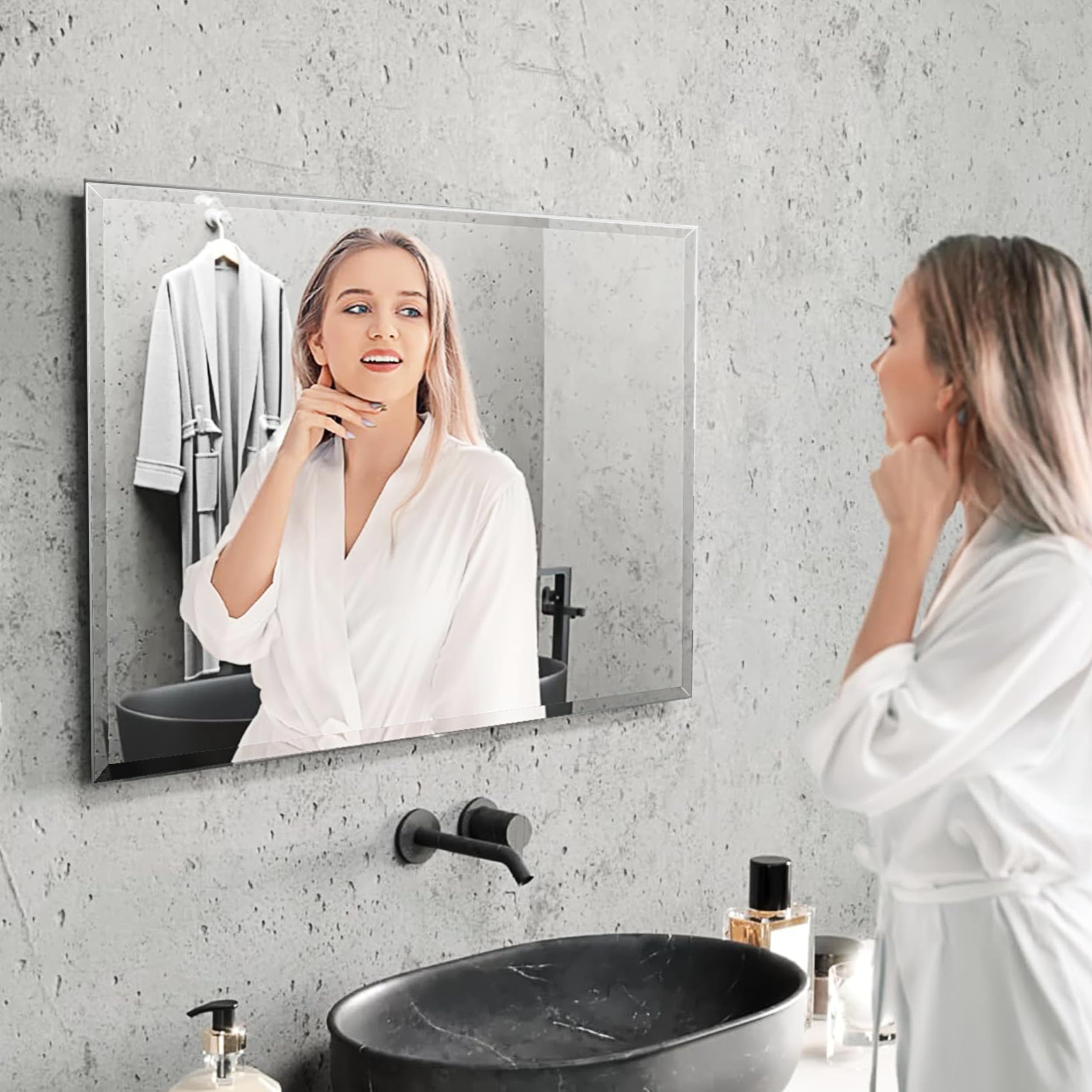 bijon Badezimmer-Spiegel ohne Rahmen mit Facette, Bad-Spiegel mit Befestigungsset, 90° drehbar, 60x110 cm oder 110x60 cm