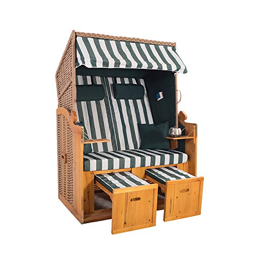 2-Sitzer Strandkorb Hörnum - Volllieger mit Fußablagen – inkl. Nackenkissen und Kuschelkissen Set - (Geflecht - Natur, Grün - Blockstreifen)