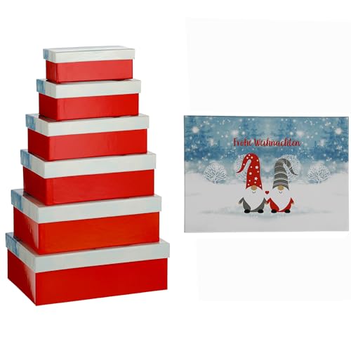 6-teiliges Set Geschenkboxen aus Pappe für Weihnachten - Geschenkkarton Weihnachten - Geschenkverpackung Weihnachten - Geschenkboxen mit Deckel für Weihnachten ("Frohe Weihnachten" Wichtel)