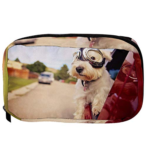 Kosmetiktasche, weißer Terrier mit Brille auf dem Auto, praktische Kulturtasche für Damen und Mädchen